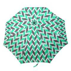 Zigzag Chevron Pattern Green Grey Folding Umbrellas by snowwhitegirl