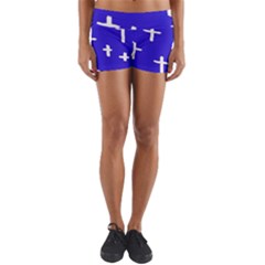 Blue White Cross Yoga Shorts by snowwhitegirl