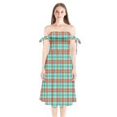 Aqua Orange Plaid Shoulder Tie Bardot Midi Dress by snowwhitegirl