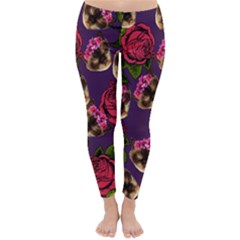 Lazy Cat Floral Pattern Purple Classic Winter Leggings by snowwhitegirl