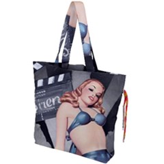 Retro Pin Up Girl Blue Drawstring Tote Bag by vintage2030