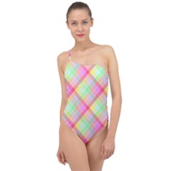 Pastel Rainbow Tablecloth Diagonal Check Classic One Shoulder Swimsuit by PodArtist