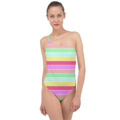 Pastel Rainbow Sorbet Horizontal Deck Chair Stripes Classic One Shoulder Swimsuit by PodArtist