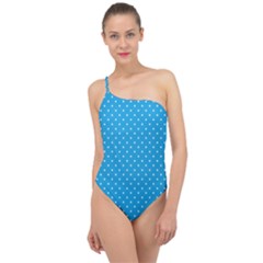 Mini White Polkadots On Oktoberfest Bavarian Blue Classic One Shoulder Swimsuit by PodArtist