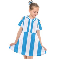 Oktoberfest Bavarian Blue And White Large Cabana Stripes Kids  Short Sleeve Shirt Dress by PodArtist