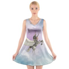 Cute Little Pegasus In The Sky, Cartoon V-neck Sleeveless Dress by FantasyWorld7