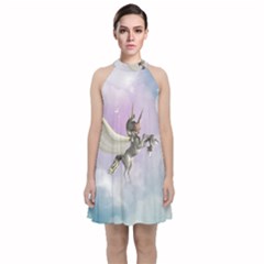 Cute Little Pegasus In The Sky, Cartoon Velvet Halter Neckline Dress  by FantasyWorld7