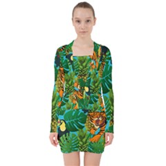 Tropical Pelican Tiger Jungle Blue V-neck Bodycon Long Sleeve Dress by snowwhitegirl