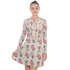 Retro Dog Floral Pattern Ecru Long Sleeve Panel Dress by snowwhitegirl