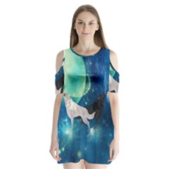 Awesome Black And White Wolf In The Universe Shoulder Cutout Velvet One Piece by FantasyWorld7