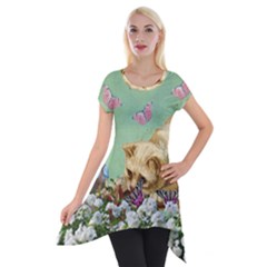 Cat And Butterflies Green Short Sleeve Side Drop Tunic by snowwhitegirl