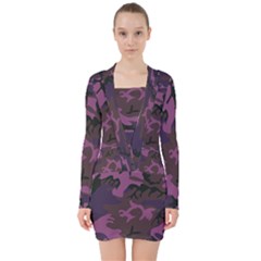 Camouflage Violet V-neck Bodycon Long Sleeve Dress by snowwhitegirl