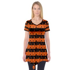 Orange And Black Spooky Halloween Nightmare Stripes Short Sleeve Tunic  by PodArtist