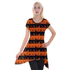 Orange And Black Spooky Halloween Nightmare Stripes Short Sleeve Side Drop Tunic by PodArtist