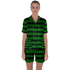 Alien Green And Black Halloween Nightmare Stripes  Satin Short Sleeve Pyjamas Set by PodArtist