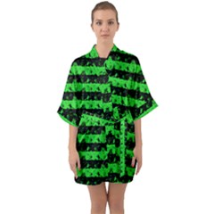 Monster Green And Black Halloween Nightmare Stripes  Quarter Sleeve Kimono Robe by PodArtist