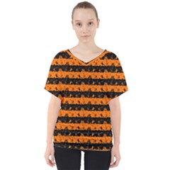 Dark Pumpkin Orange And Black Halloween Nightmare Stripes  V-neck Dolman Drape Top by PodArtist