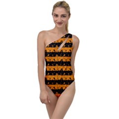 Pale Pumpkin Orange And Black Halloween Nightmare Stripes  To One Side Swimsuit by PodArtist