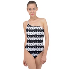 Black And White Halloween Nightmare Stripes Classic One Shoulder Swimsuit by PodArtist