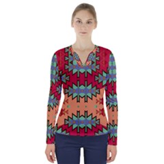 Misc Tribal Shapes                                                V-neck Long Sleeve Top by LalyLauraFLM