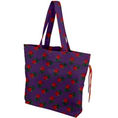 Red Roses Purple Drawstring Tote Bag by snowwhitegirl