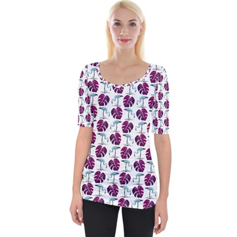 Flamingo Leaf Patttern Blue Wide Neckline Tee by snowwhitegirl