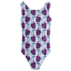 Flamingo Leaf Patttern Blue Kids  Cut-out Back One Piece Swimsuit by snowwhitegirl