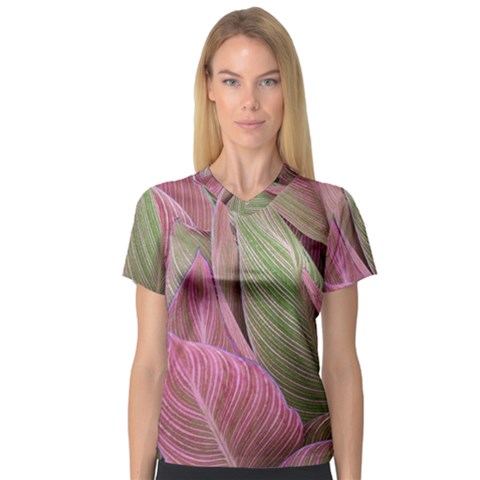 Pink Leaves V-neck Sport Mesh Tee by snowwhitegirl