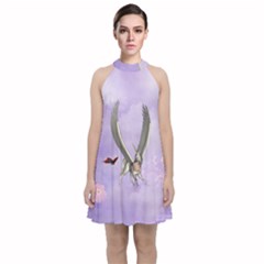 Cute Little Pegasus With Butterflies Velvet Halter Neckline Dress  by FantasyWorld7