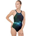 Galaxy Sky Blue Green High Neck One Piece Swimsuit View1