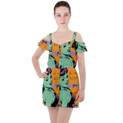 Zombie Retro Girl Ruffle Cut Out Chiffon Playsuit by snowwhitegirl