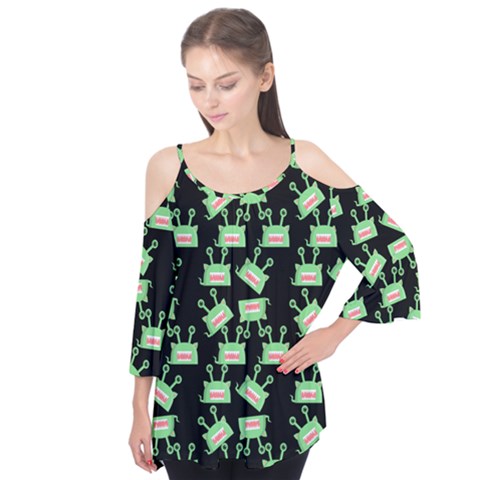 Green Alien Monster Pattern Black Flutter Tees by snowwhitegirl