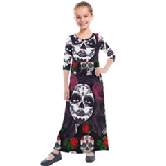 Mexican Skull Lady Kids  Quarter Sleeve Maxi Dress by snowwhitegirl