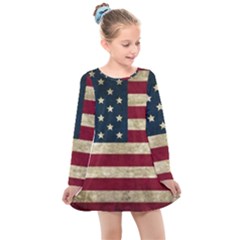 Vintage American Flag Kids  Long Sleeve Dress by Valentinaart