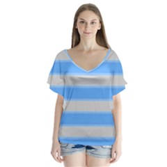 Bold Stripes Bright Blue Pattern V-neck Flutter Sleeve Top by BrightVibesDesign