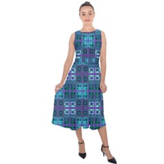 Mod Purple Green Turquoise Square Pattern Midi Tie-back Chiffon Dress by BrightVibesDesign