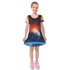 Earth Globe Planet Space Universe Kids  Short Sleeve Velvet Dress by Celenk