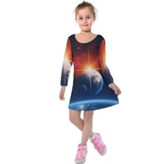 Earth Globe Planet Space Universe Kids  Long Sleeve Velvet Dress by Celenk