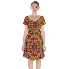 Fractal Mandala Flowers Short Sleeve Bardot Dress by Simbadda