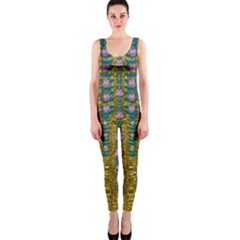 Gold Jungle And Paradise Liana Flowers One Piece Catsuit by pepitasart