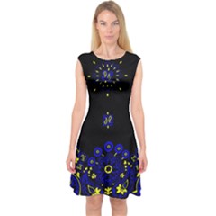 Blue Yellow Bandana Capsleeve Midi Dress by dressshop