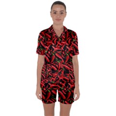 Red Chili Peppers Pattern Satin Short Sleeve Pyjamas Set by bloomingvinedesign