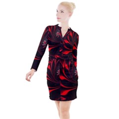 Red Black Abstract Curve Dark Flame Pattern Button Long Sleeve Dress by Nexatart