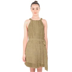 Burlap Coffee Sack Grunge Knit Look Halter Collar Waist Tie Chiffon Dress by dressshop