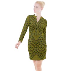 Flower Wreath In The Green Soft Yellow Nature Button Long Sleeve Dress by pepitasart