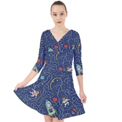 Cat Cosmos Cosmonaut Rocket Quarter Sleeve Front Wrap Dress by Sapixe