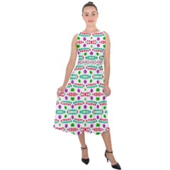 Retro Purple Green Pink Pattern Midi Tie-back Chiffon Dress by BrightVibesDesign