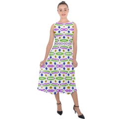 Retro Blue Purple Green Olive Dot Pattern Midi Tie-back Chiffon Dress by BrightVibesDesign