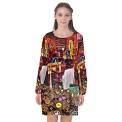 Painted House Long Sleeve Chiffon Shift Dress  by MRTACPANS