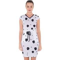 Pattern Skull Stars Handrawn Naive Halloween Gothic Black And White Capsleeve Drawstring Dress  by genx